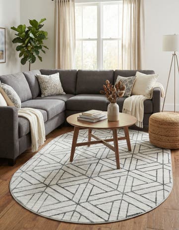 White Lattice Trellis Oval Rug