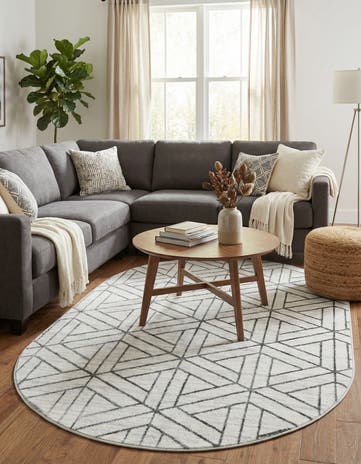 White Lattice Trellis Oval Rug