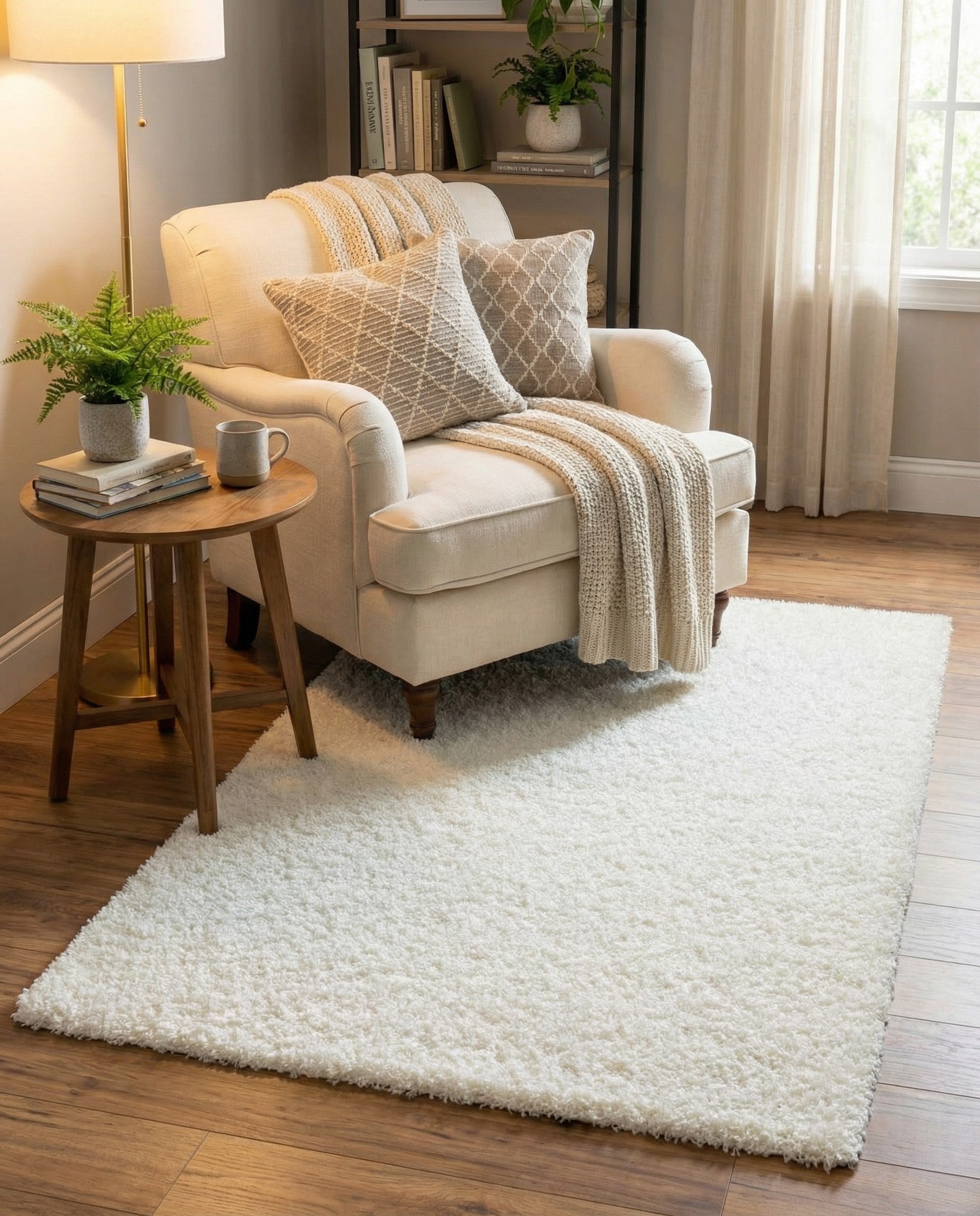A rectangular 2x3 white shag rug with a textured pile, perfect for adding softness to any indoor space.