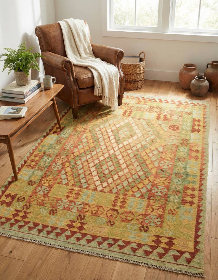 Detail image of 4' 1 x 6' 3  Hand Woven Kilim Waziri Wool Rug