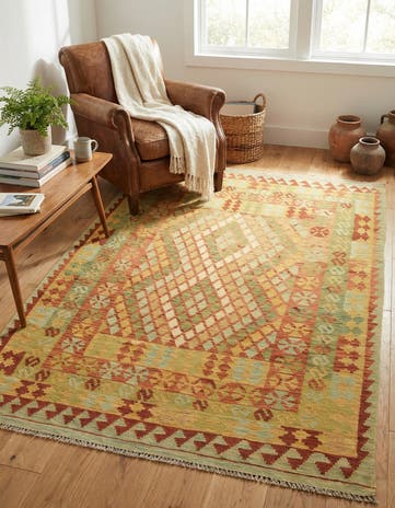4' 1 x 6' 3 Hand Woven Kilim Waziri Wool Rug