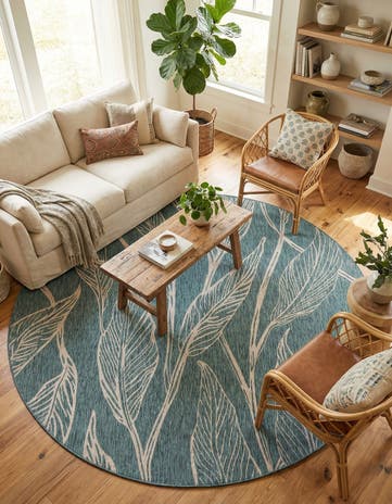 Teal Easy-Clean Botanical Indoor / Outdoor Round Rug