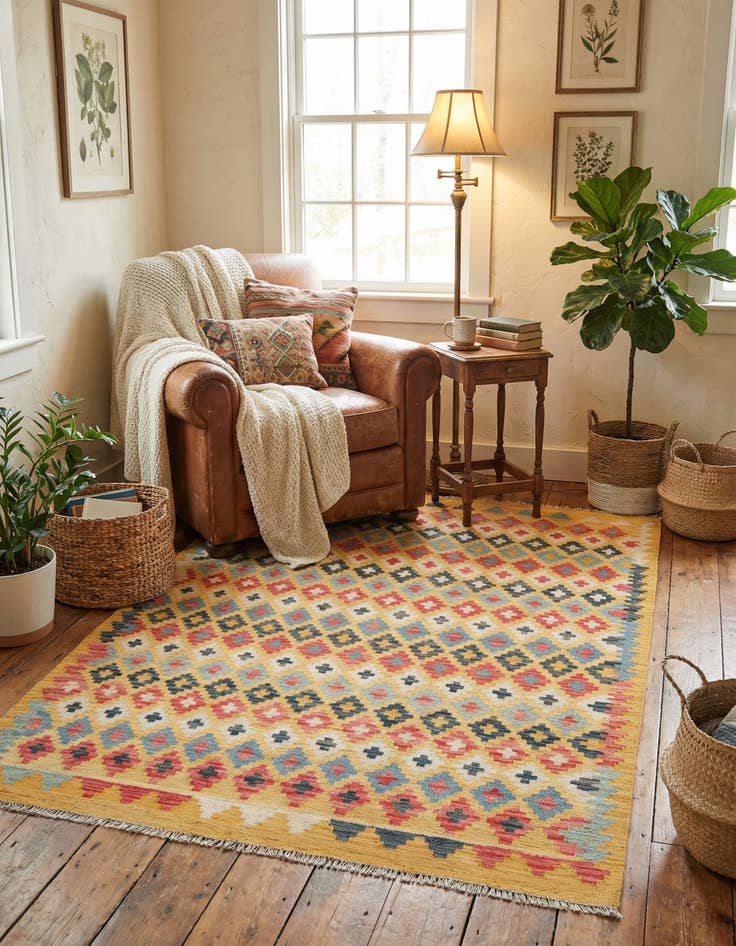 Detail image of  4' 2 x 6' 2  Hand Woven Kilim Maymana Wool Rug