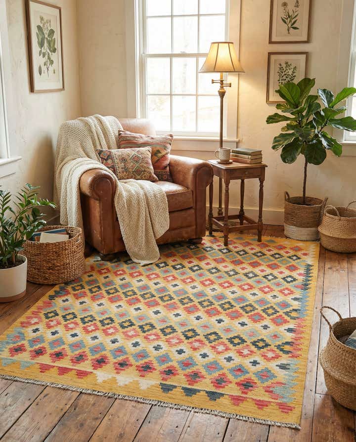 4' 2 x 6' 2 Hand Woven Kilim Maymana Wool Rug