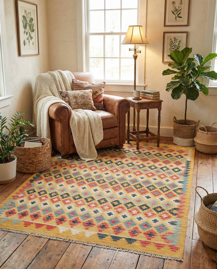 Detail image of 4' 2 x 6' 2 Hand Woven Kilim Maymana Wool Rug