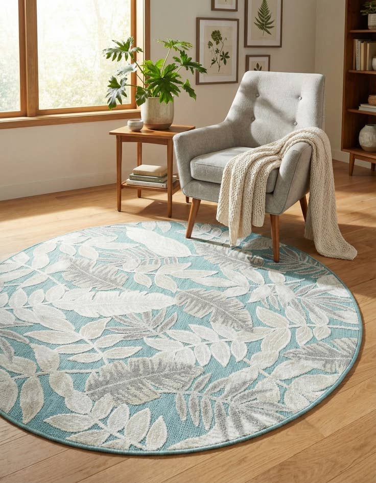 Detail image of 4' 5 x 4' 5  Washable Botanical Indoor / Outdoor Round Rug