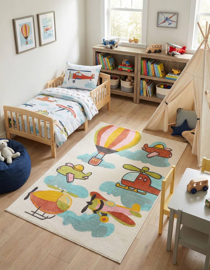 Detail image of 5' 3 x 8' Airplanes Whimsy Kids Rug