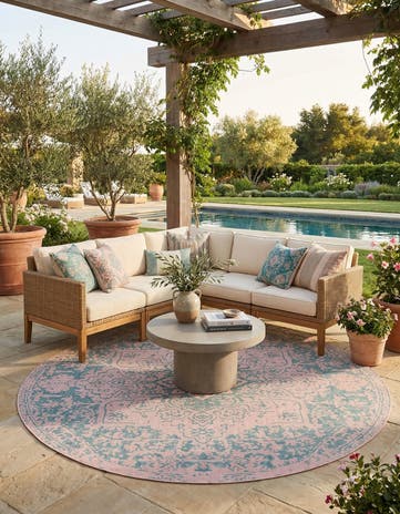 Pink and Aqua Easy-Clean Jill Zarin Dubai Indoor / Outdoor Round Rug