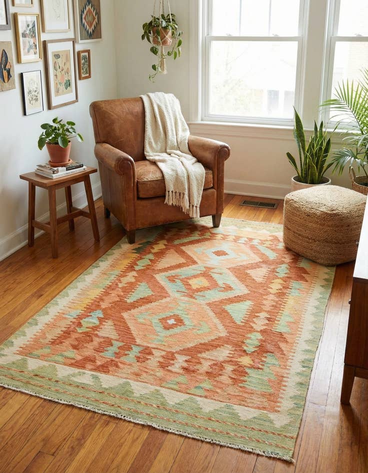 Detail image of 3' 2 x 4' 10  Hand Woven Kilim Waziri Wool Rug