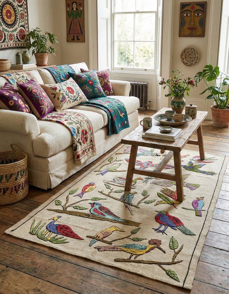 Detail image of 3' 2 x 4' 8  Hand Woven Kilim Suzani Wool Rug