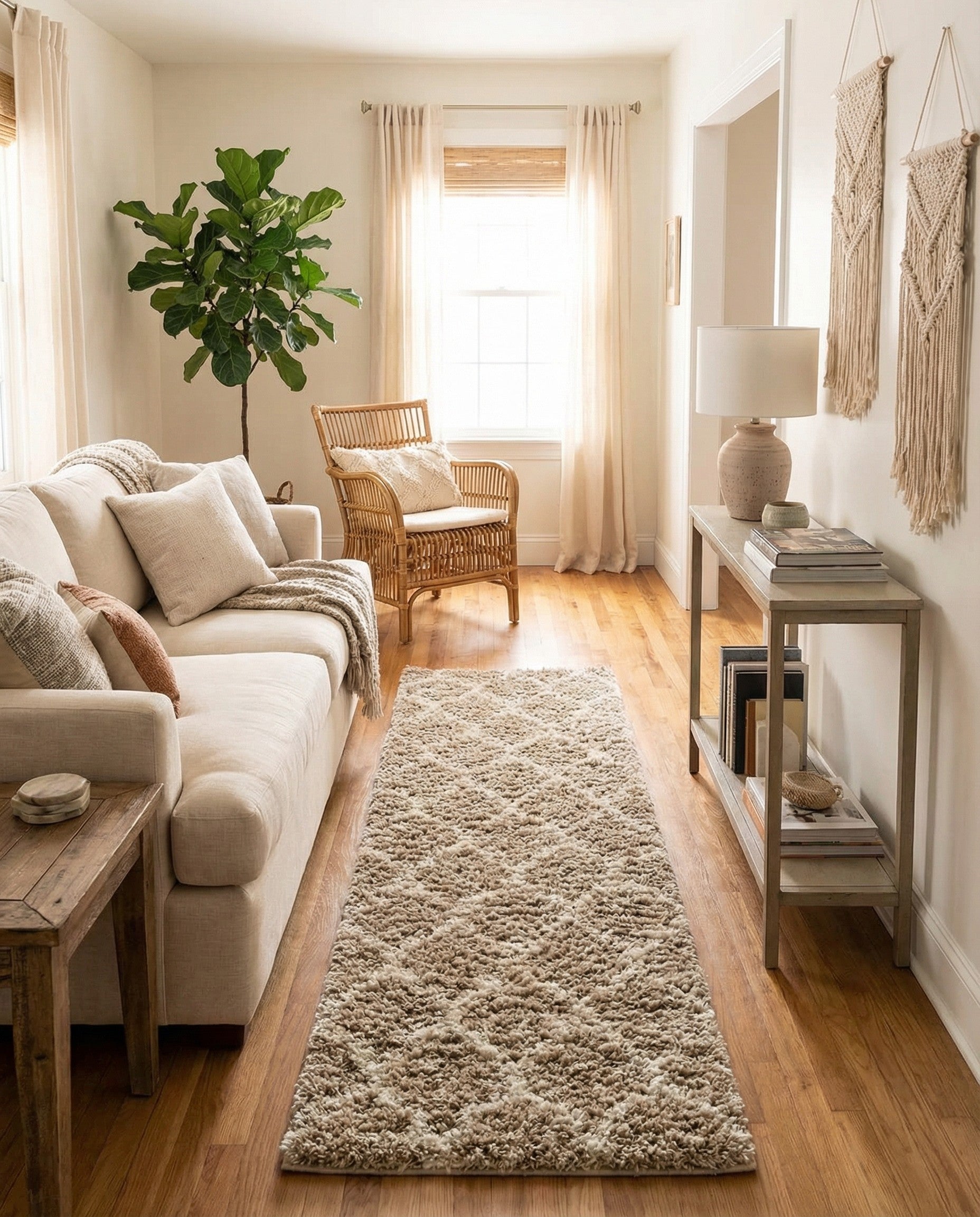 A 5 ft runner rug from the Lattice Shag collection, featuring a high/low textured pile in varying shades of brown and tan, with an abstract modern pattern.