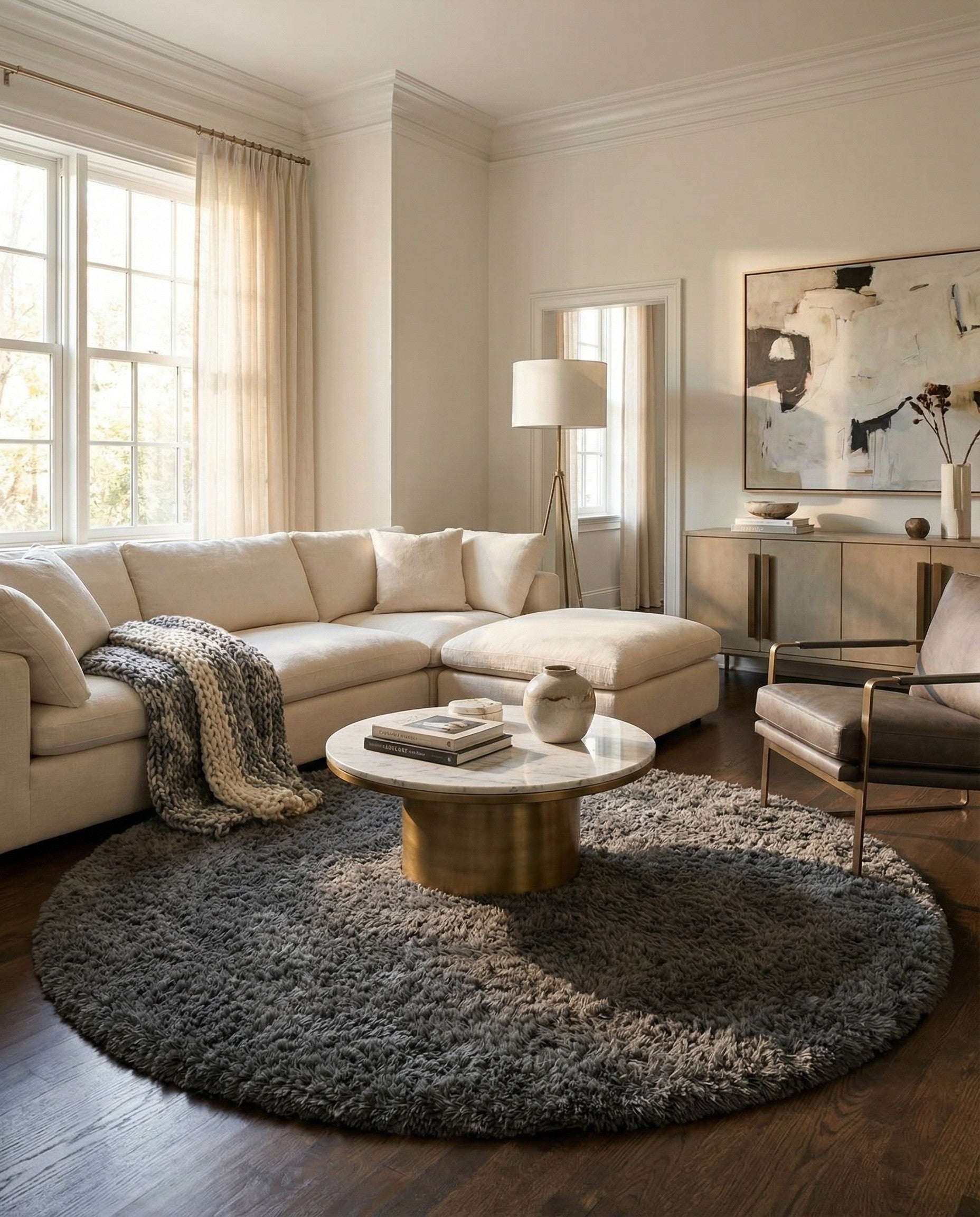 A soft, plush 8' round gray shag rug with a textured pile, perfect for adding modern comfort to any indoor space.