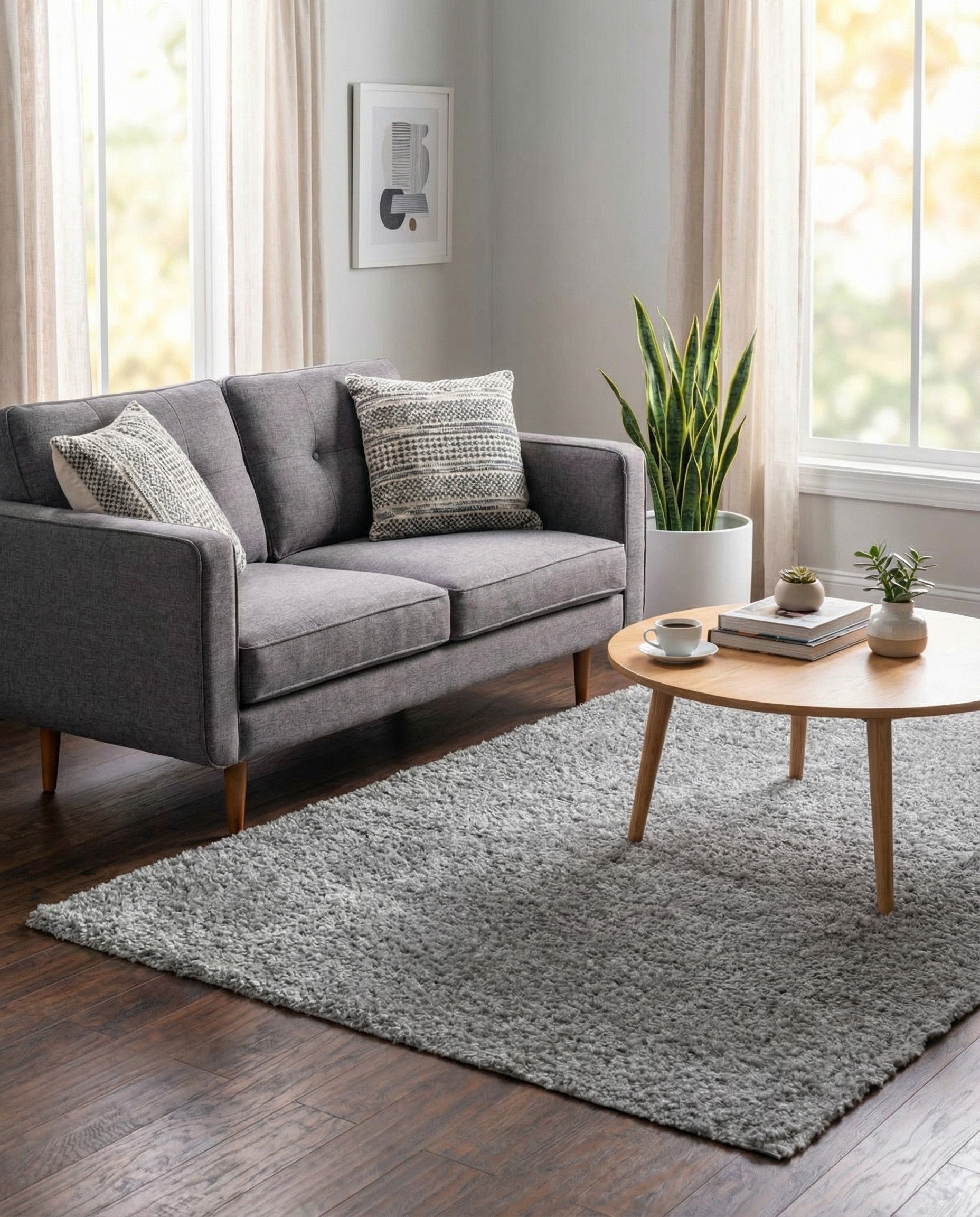 A soft, plush 3x5 rectangular gray shag area rug with a textured pile, perfect for adding comfort to any indoor space.