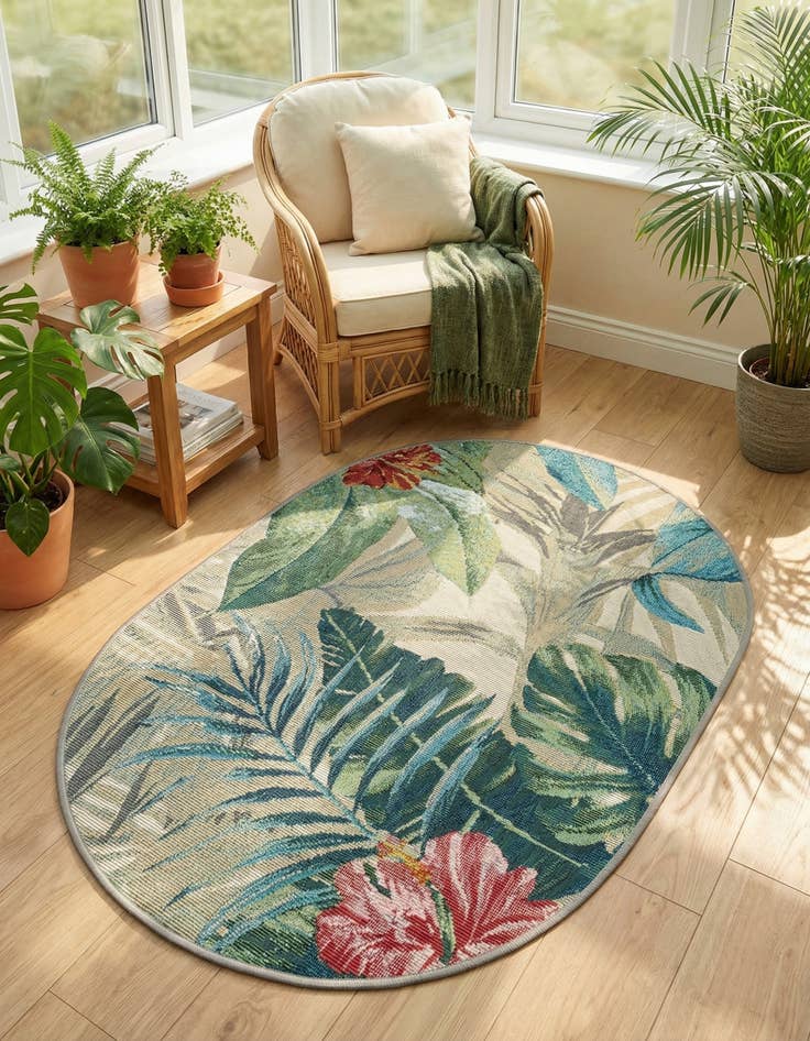 Detail image of 2' 2 x 3'  Washable Botanical Indoor / Outdoor Oval Rug
