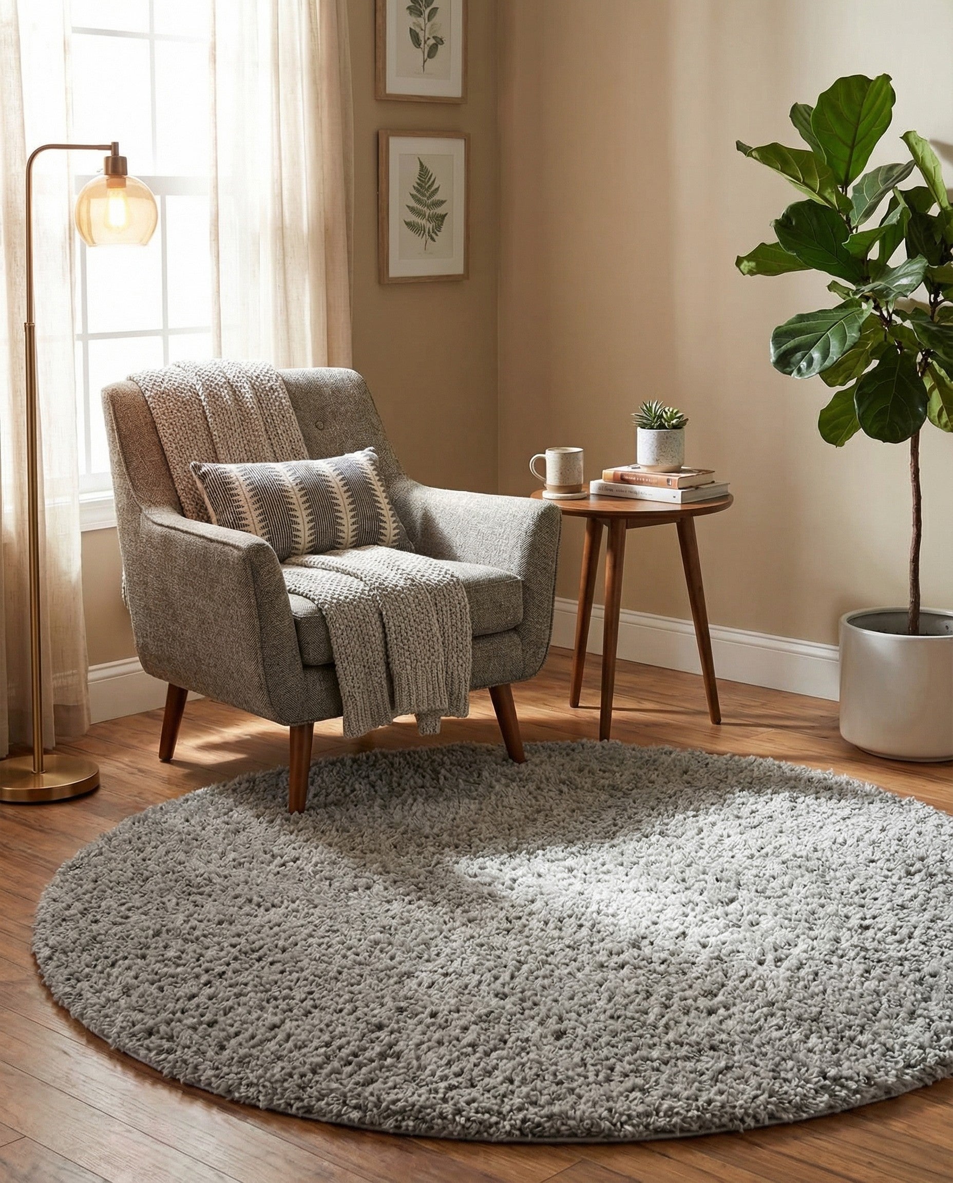 A soft, plush 3' round gray shag rug made from polypropylene, perfect for adding comfort to any indoor space.