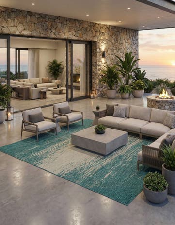 Teal Easy-Clean Modern Indoor / Outdoor Square Rug