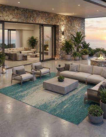 Teal Easy-Clean Modern Indoor / Outdoor Square Rug