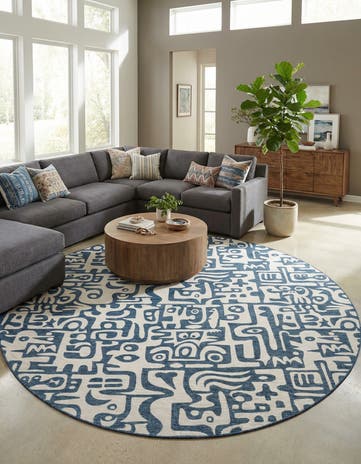 Blue Easy-Clean Modern Indoor / Outdoor Round Rug