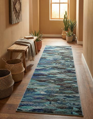 Blue Washable Santa Fe Runner Rug
