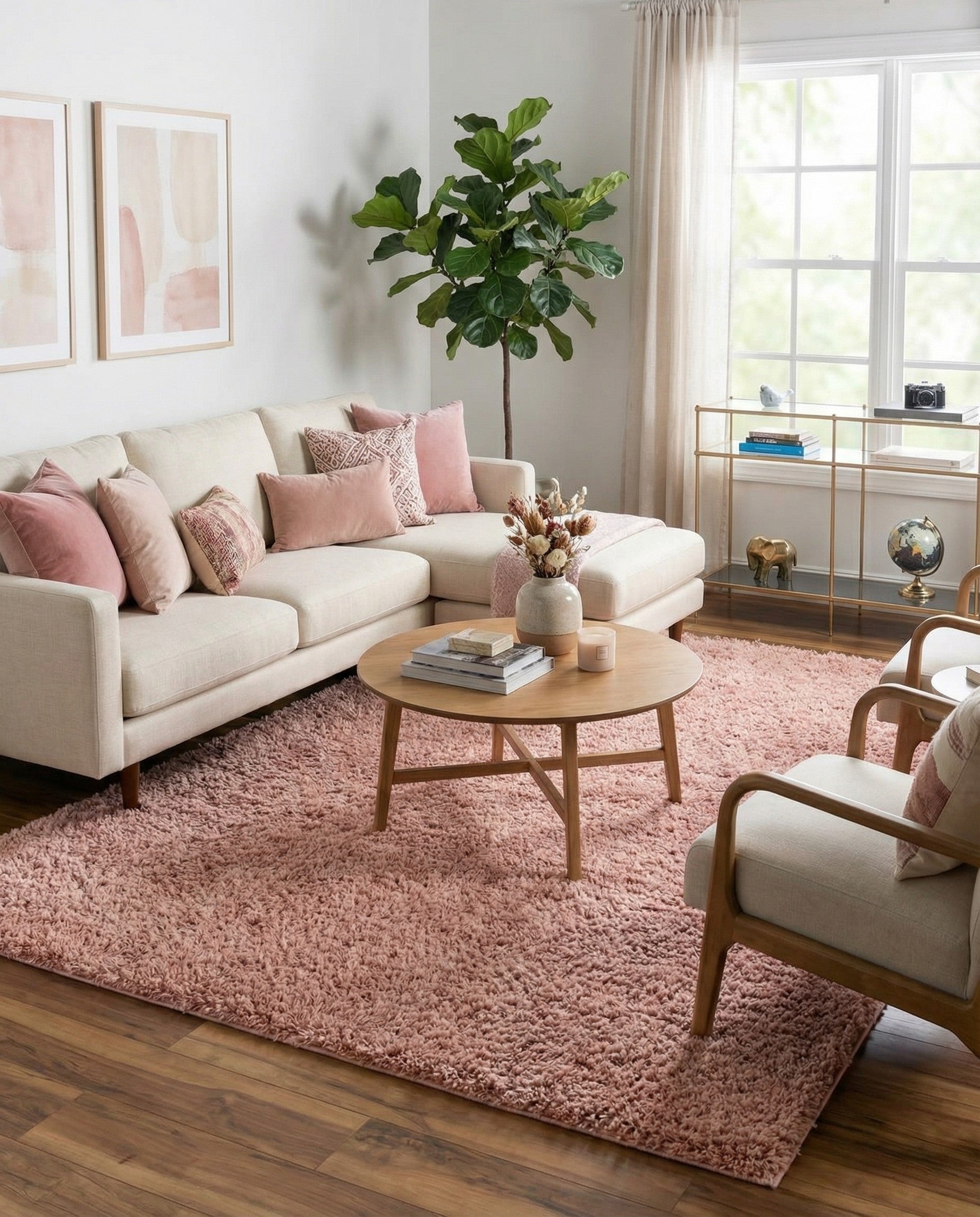 A large 9x12 rectangular shag rug in a solid dusty rose pink color, offering a soft, textured feel.