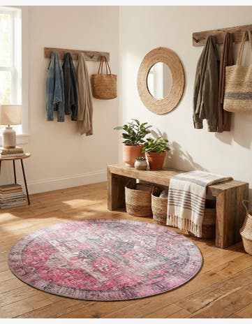 Pink Washable Timeless Round Rug