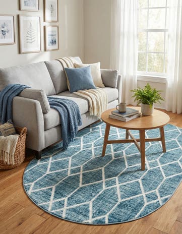 Blue Lattice Trellis Oval Rug