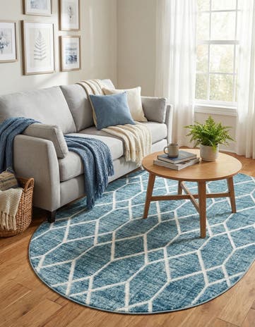 Blue Lattice Trellis Oval Rug