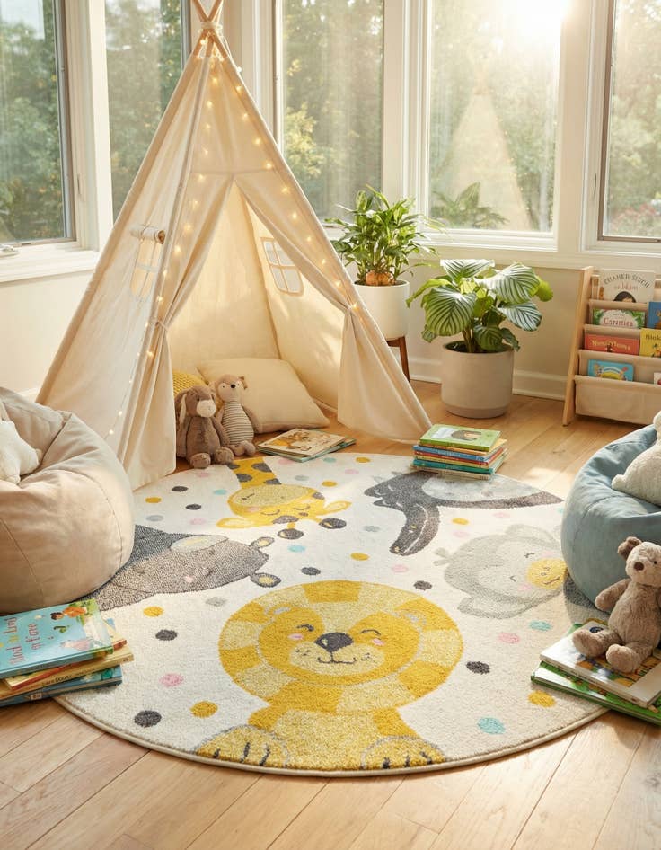 Detail image of 5' 3 x 5' 3 Animals Whimsy Kids Round Rug
