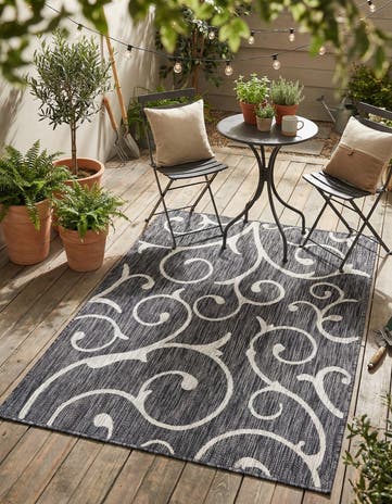 Charcoal Gray Easy-Clean Botanical Indoor / Outdoor Rug