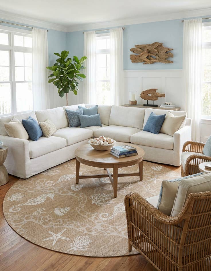 Detail image of 12' x 12'  Washable Coastal Indoor / Outdoor Round Rug