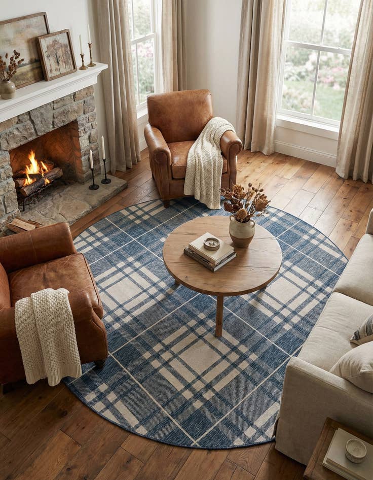 Detail image of  7' 10 x 7' 10  Washable Checkered Indoor / Outdoor Round Rug