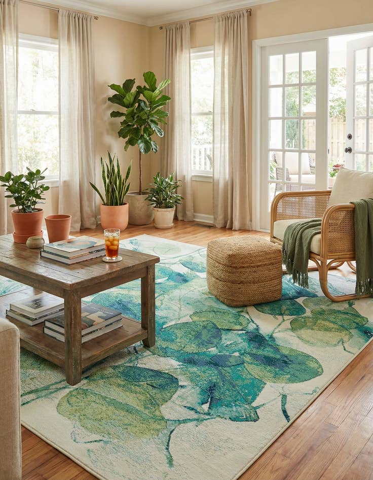 Detail image of  7' 10 x 7' 10  Washable Botanical Indoor / Outdoor Square Rug