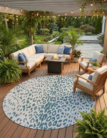 Teal Easy-Clean Safari Indoor / Outdoor Round Rug