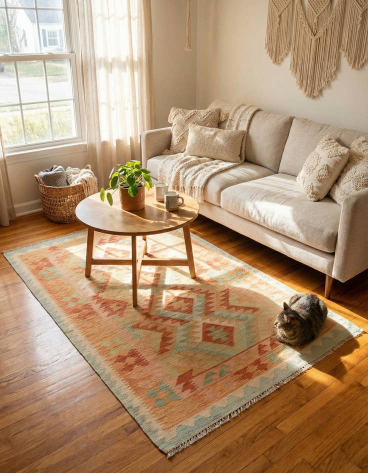 Detail image of  3' 2 x 5'  Hand Woven Kilim Waziri Wool Rug