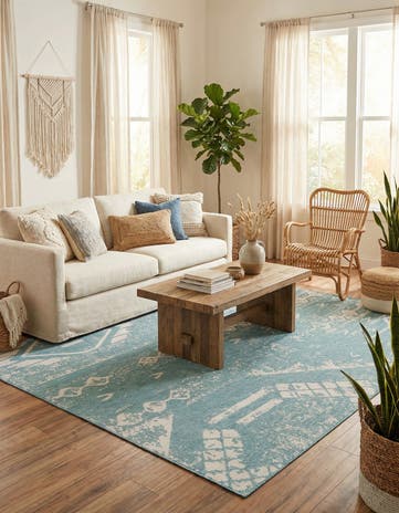 Light Aqua Easy-Clean Bohemian Indoor / Outdoor Rug