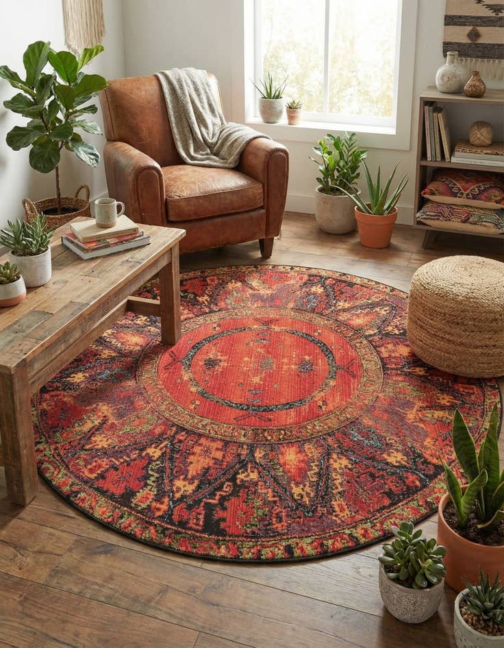 Detail image of 5' x 5' Easy-Clean Tribal Indoor / Outdoor Round Rug