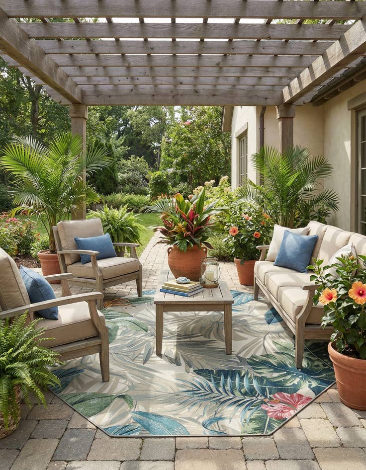 Detail image of 7' 10 x 7' 10  Washable Botanical Indoor / Outdoor Octagon Rug