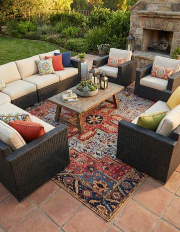 Rust Red and Blue Easy-Clean Traditional Indoor / Outdoor Square Rug