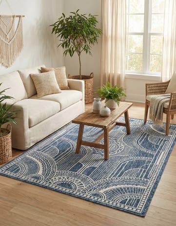 Blue Easy-Clean Traditional Indoor / Outdoor Rug