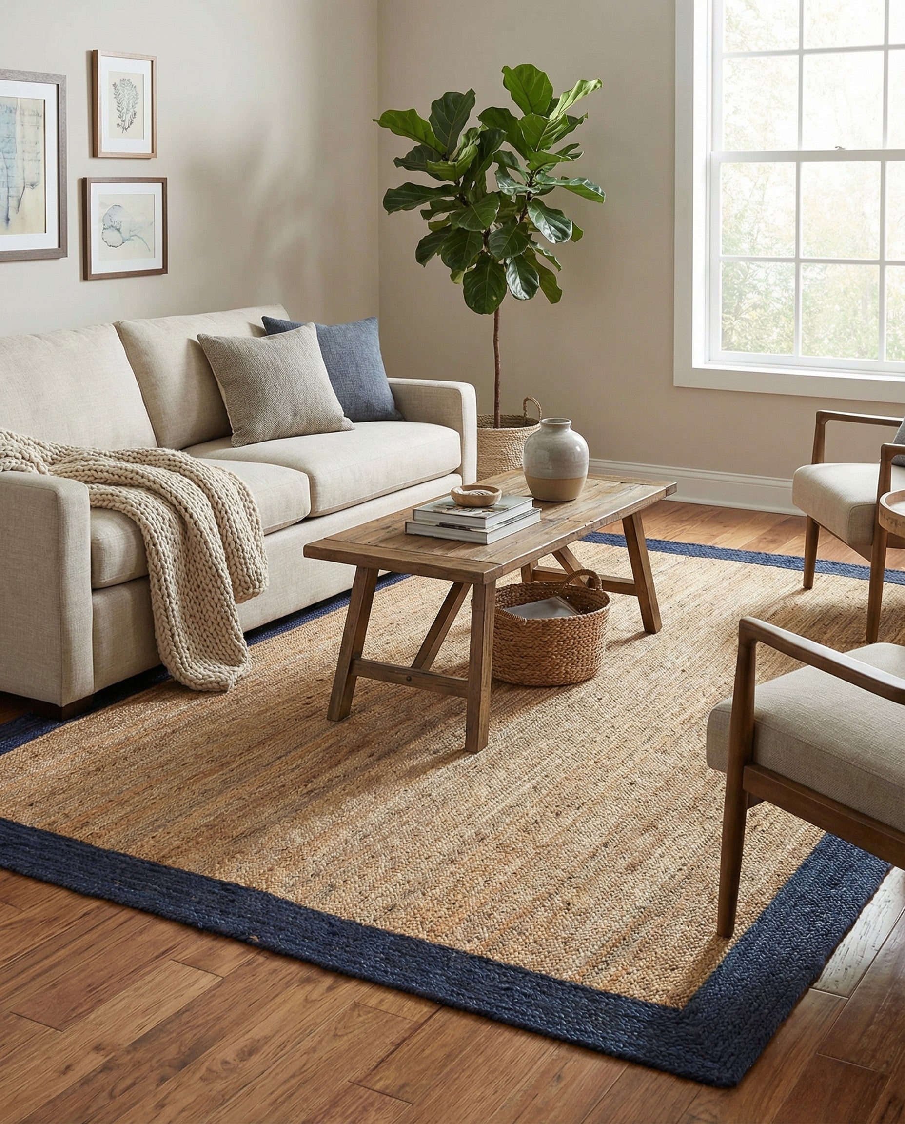 A 9x12 rectangular natural jute rug with a wide, solid navy blue braided border, showcasing its textured flatweave.