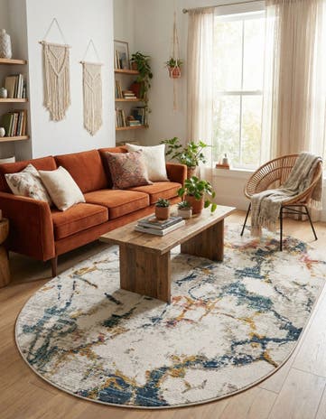 White Navy Gemstone Oval Rug