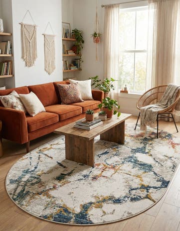 White Navy Gemstone Oval Rug