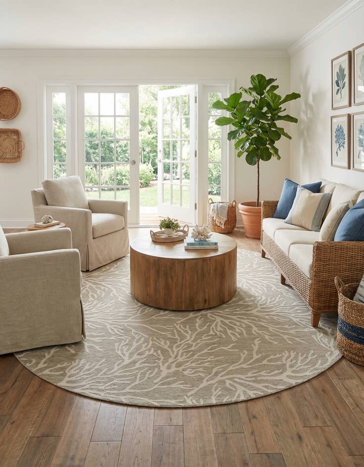 Detail image of 12' x 12'  Washable Coastal Indoor / Outdoor Round Rug