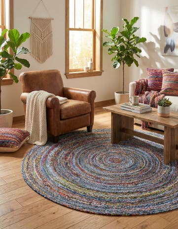 Blue and Multi Handmade Braided Chindi Round Rug