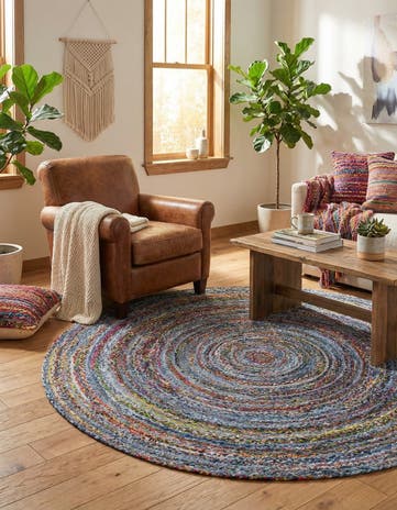 Blue and Multi Handmade Braided Chindi Round Rug
