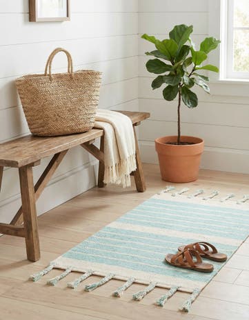 Aqua and White Hand Woven Chindi Cotton Rug