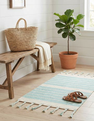 Aqua and White Hand Woven Chindi Cotton Rug