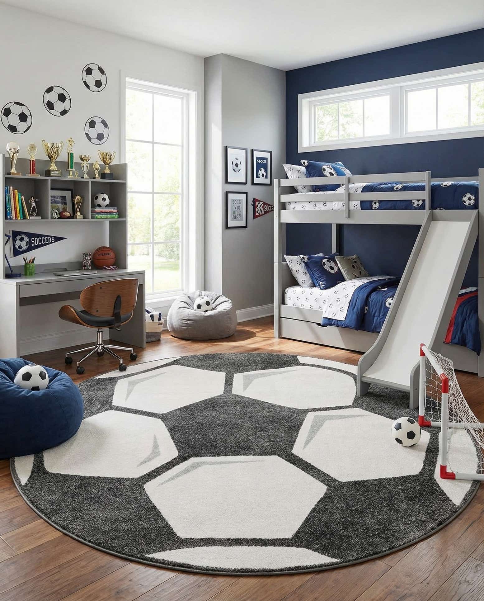 7' 10 x 7' 10 Soccer Ball Whimsy Kids Round Rug