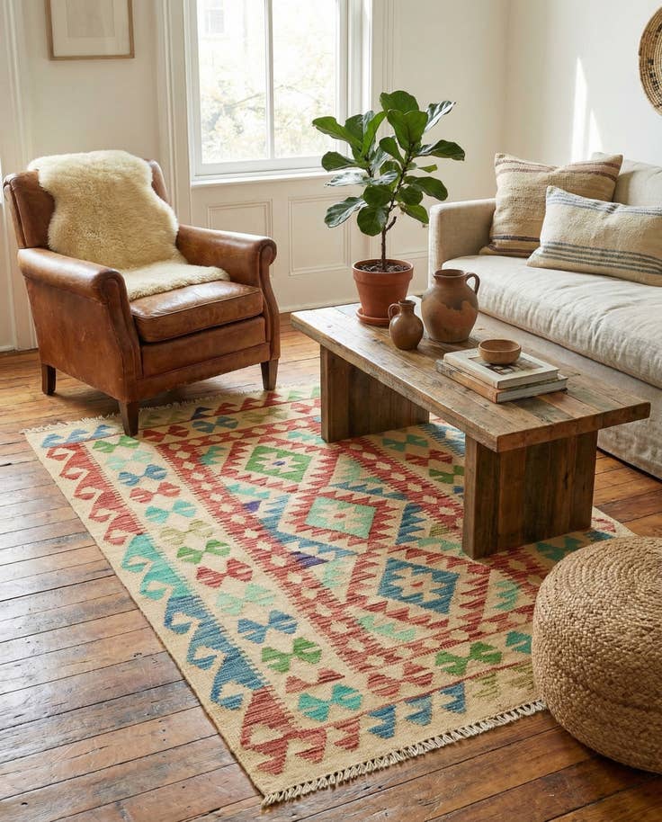 Detail image of 3' 4 x 5' Hand Woven Kilim Maymana Wool Rug