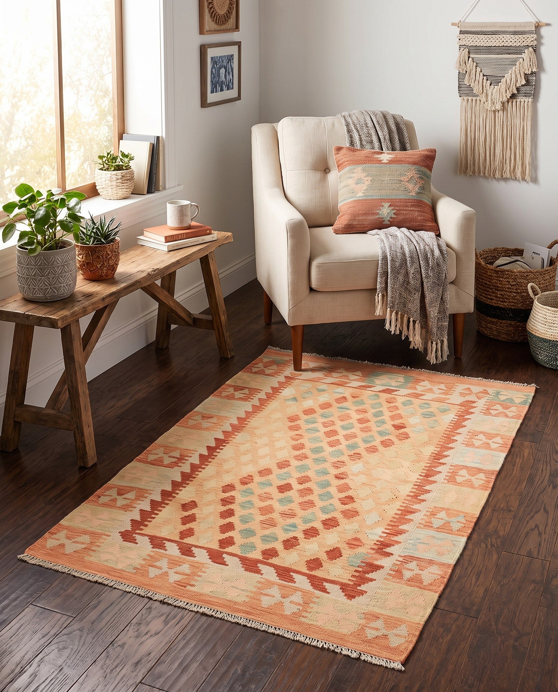 3' 4 x 4' 10 Hand Woven Kilim Waziri Wool Rug